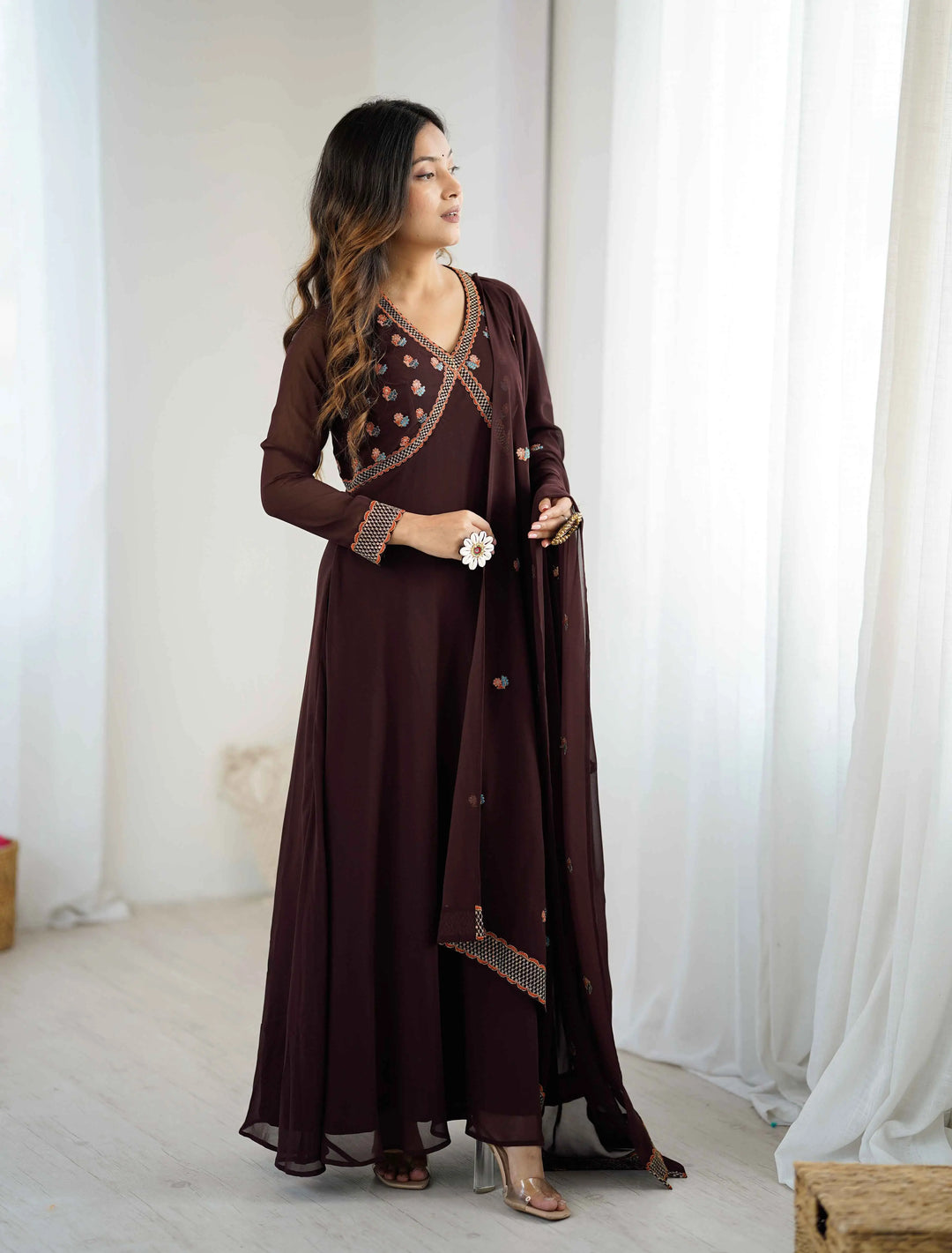 Trendy Brown Embroidery Work Gown With Dupatta - qivii