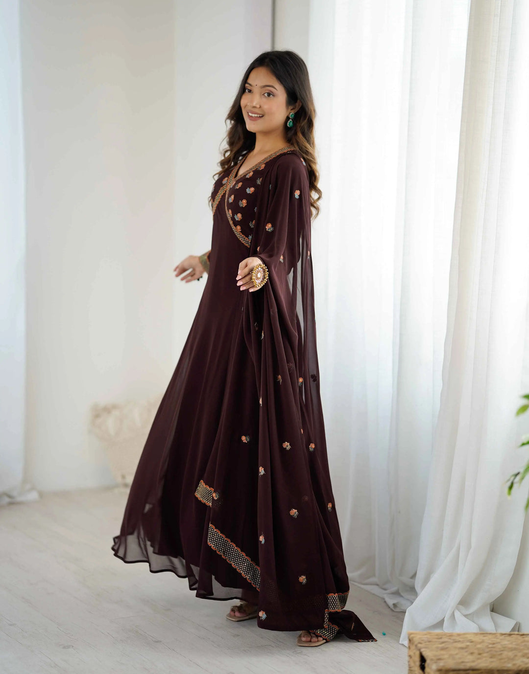 Trendy Brown Embroidery Work Gown With Dupatta - qivii