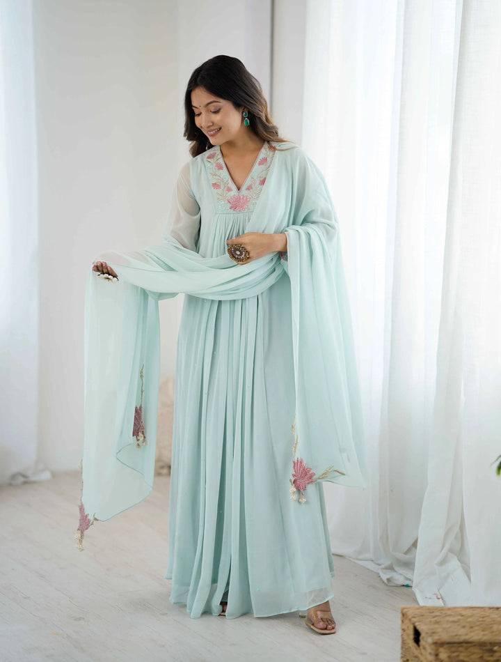Designer Sky Blue Georgette Gown With Embroidery Work - qivii