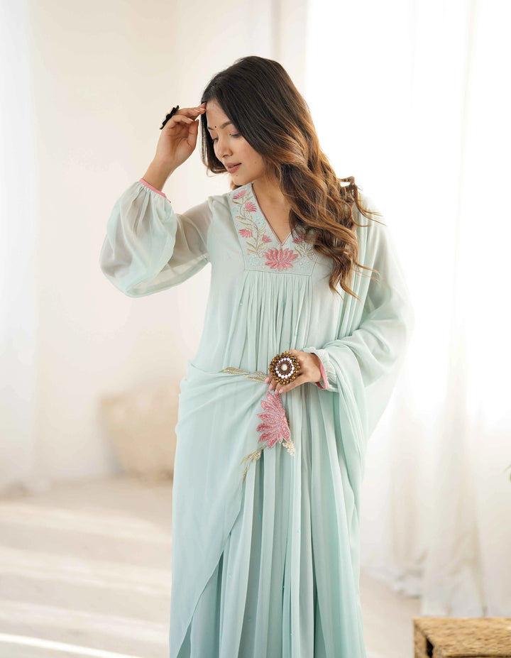 Designer Sky Blue Georgette Gown With Embroidery Work - qivii