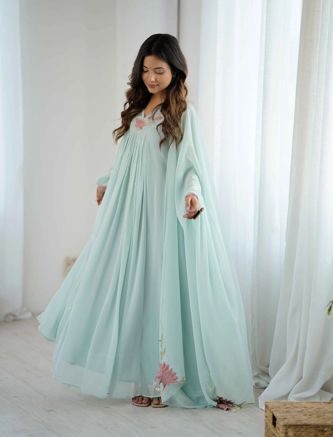 Designer Sky Blue Georgette Gown With Embroidery Work - qivii