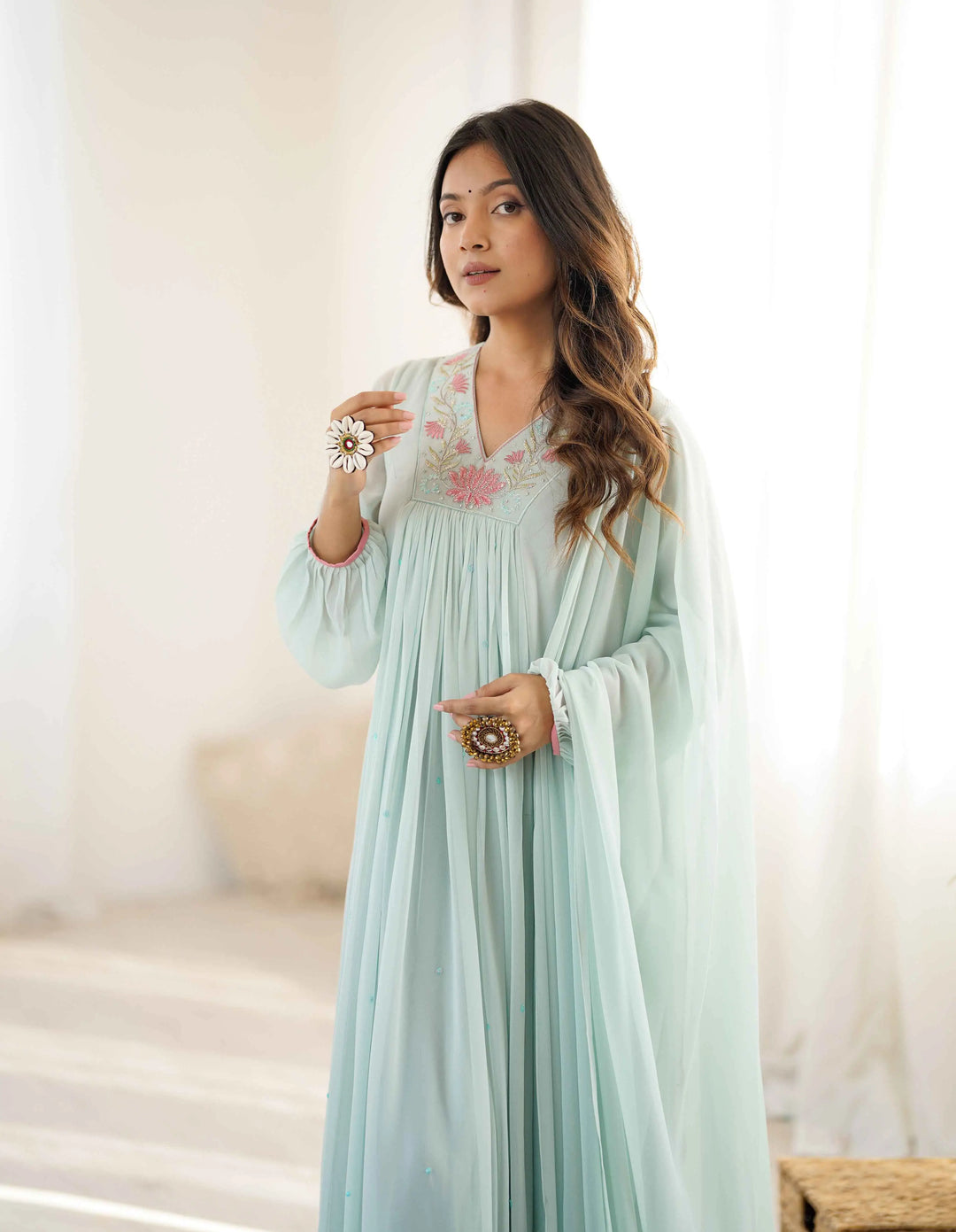 Designer Sky Blue Georgette Gown With Embroidery Work - qivii