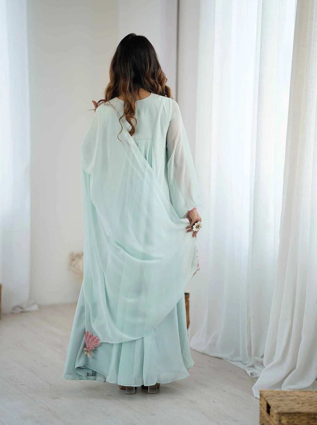 Designer Sky Blue Georgette Gown With Embroidery Work - qivii