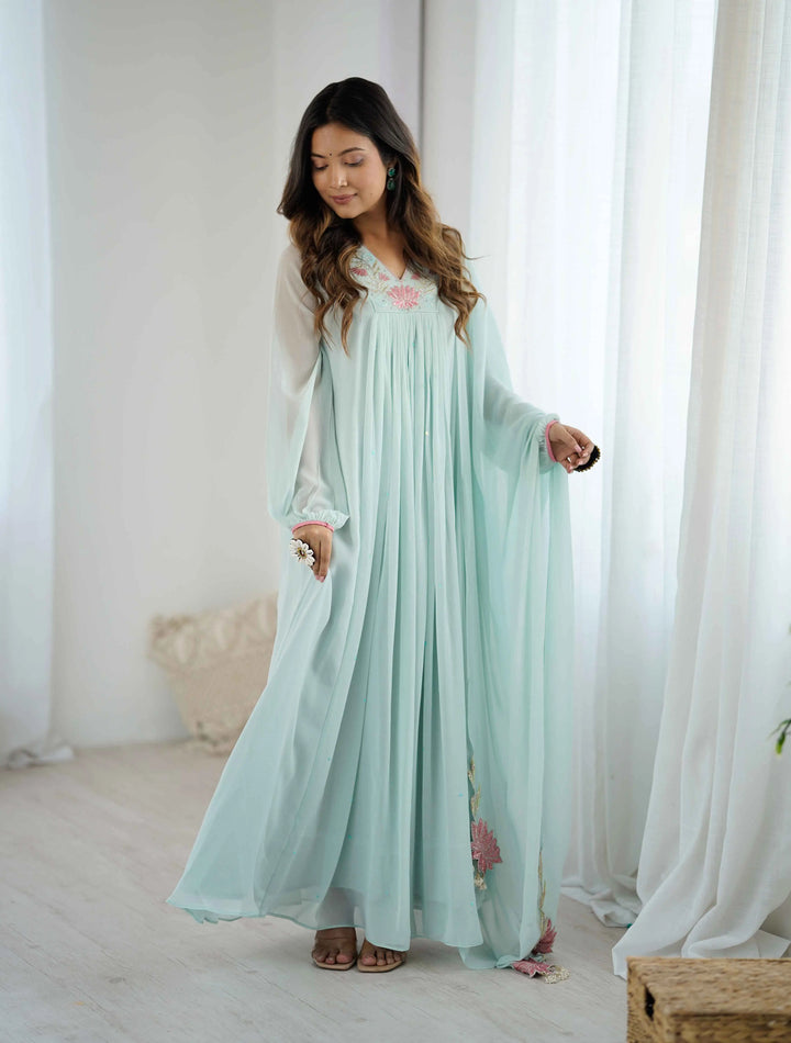Designer Sky Blue Georgette Gown With Embroidery Work - qivii