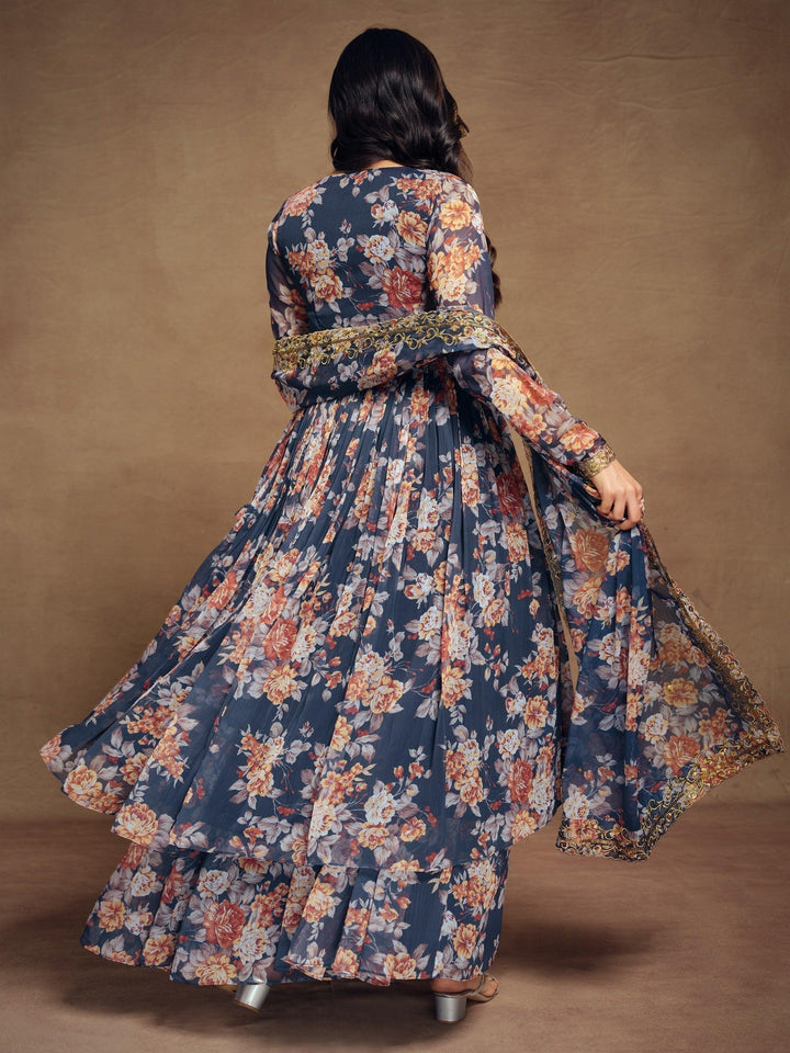 Elevate your style with stunning blue floral printed chiffon palazzo suit