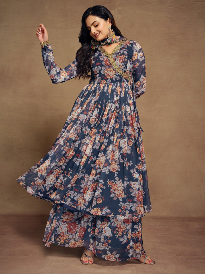 V-neck and long sleeves palazzo suit perfect for receptions, weddings, and festivals
