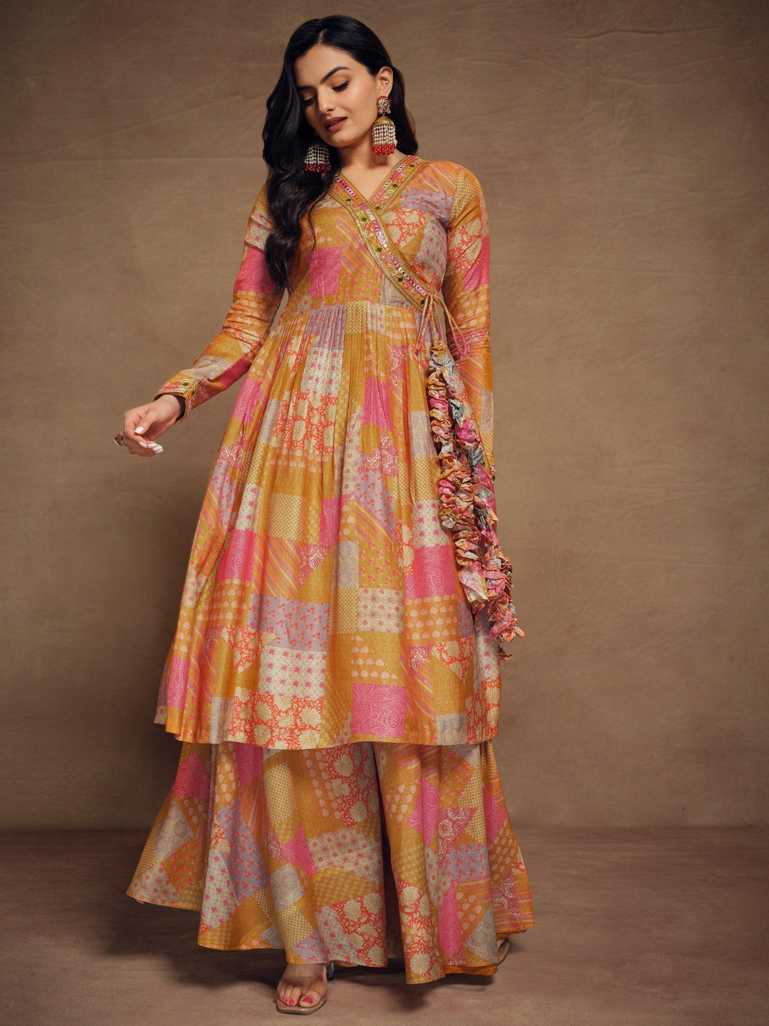 Adorable mustard yellow digital printed muslin silk palazzo suit with intricate detailing