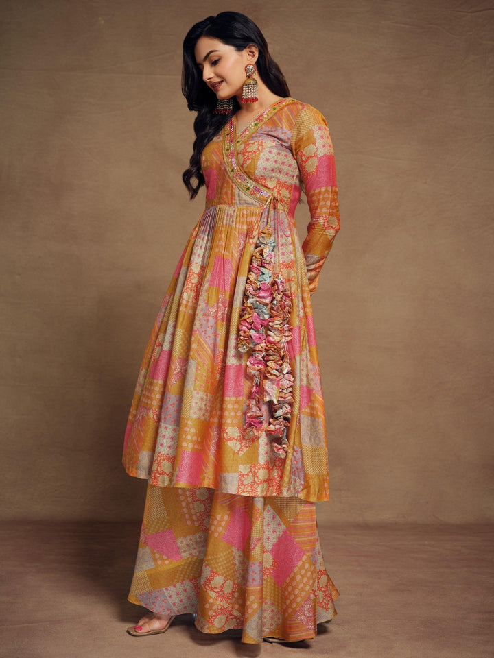 Adorable Mustard Yellow Digital Printed Muslin Silk Palazzo Suit with intricate designs and elegant patterns