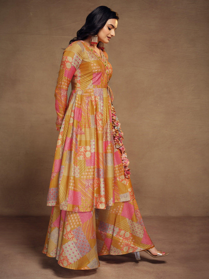 Adorable mustard yellow digital printed muslin silk palazzo suit for women
