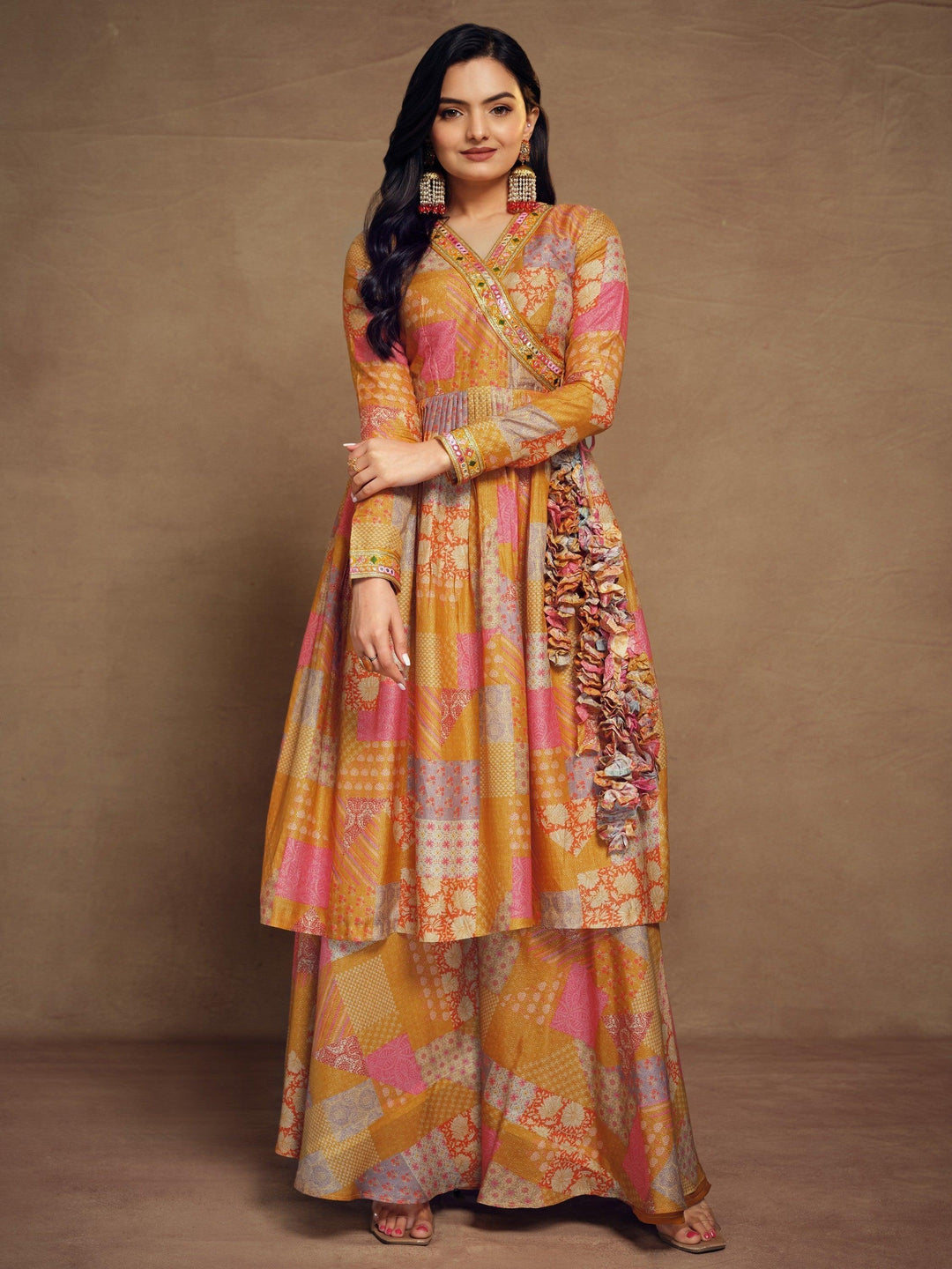 Adorable Mustard Yellow Digital Printed Muslin Silk Palazzo Suit for Women