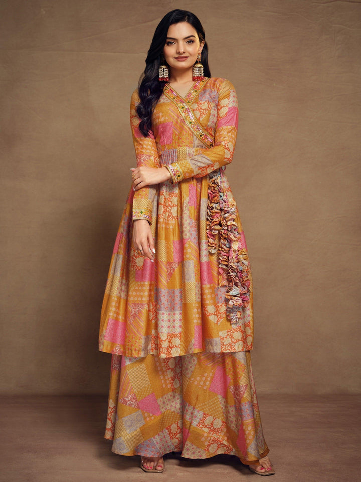 Adorable Mustard Yellow Digital Printed Muslin Silk Palazzo Suit for Women