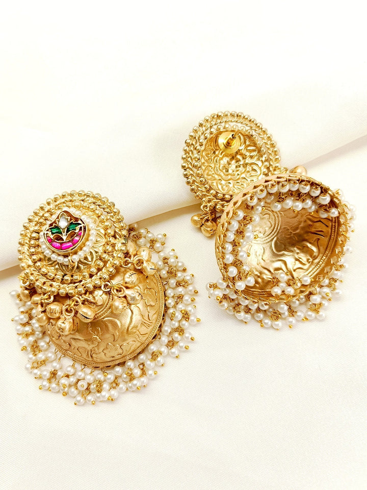 Exquisite gold and red traditional jhumki earrings from Harinakshi R & G Boutique