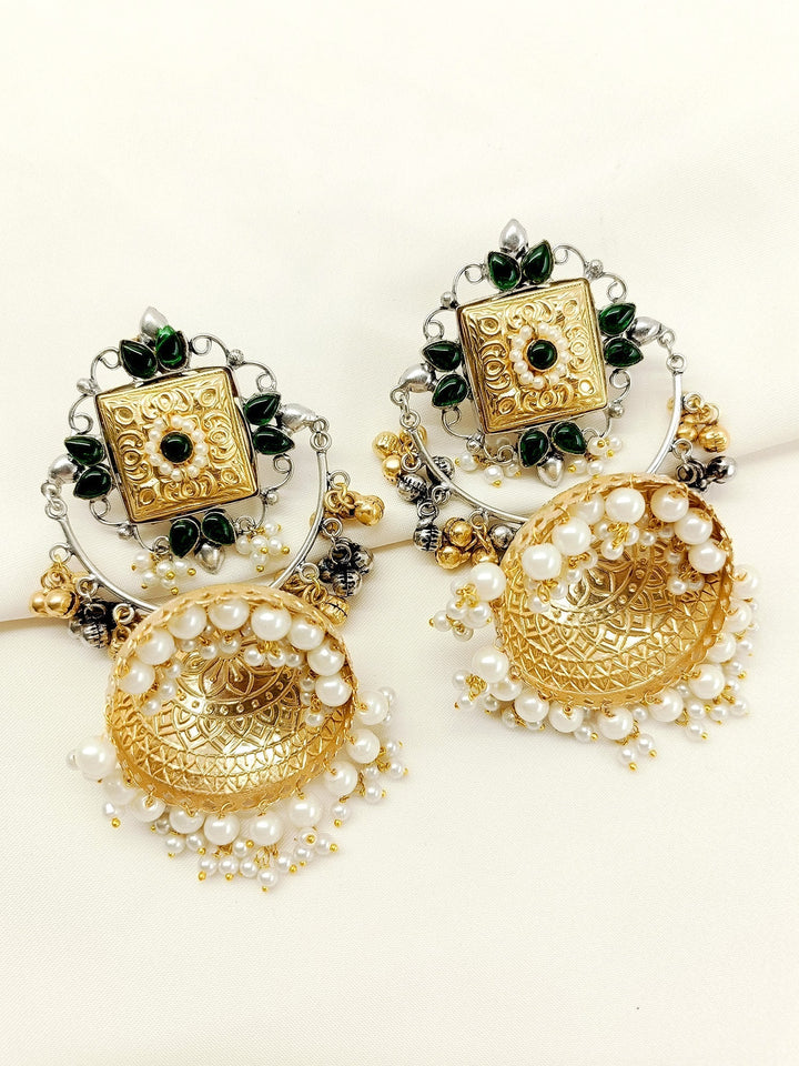Gold Plated Brass Metal Jhumki with Traditional Designs and Pearl Hangings 