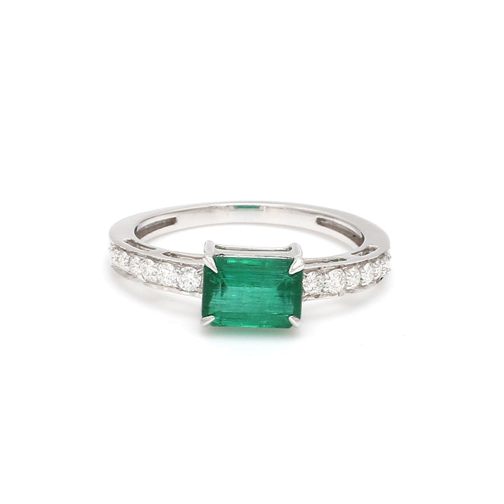 Emerald Diamond Octagon Prong Set East West Ring - qivii