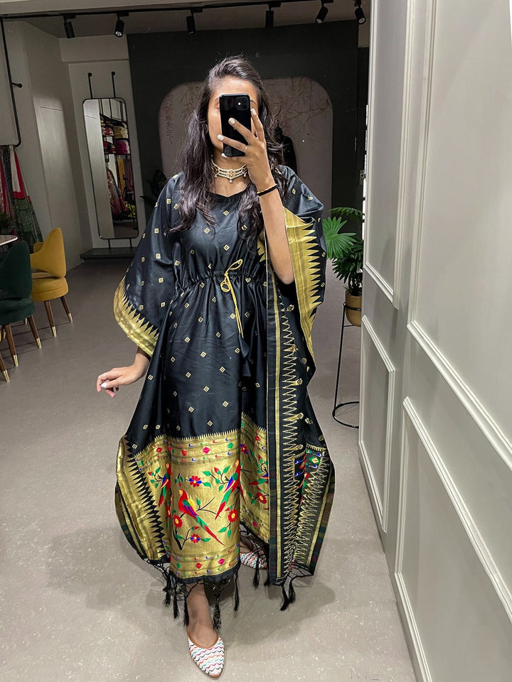 Black Color Weaving Zari Work Jacquard Paithani Kaftan Dress - qivii