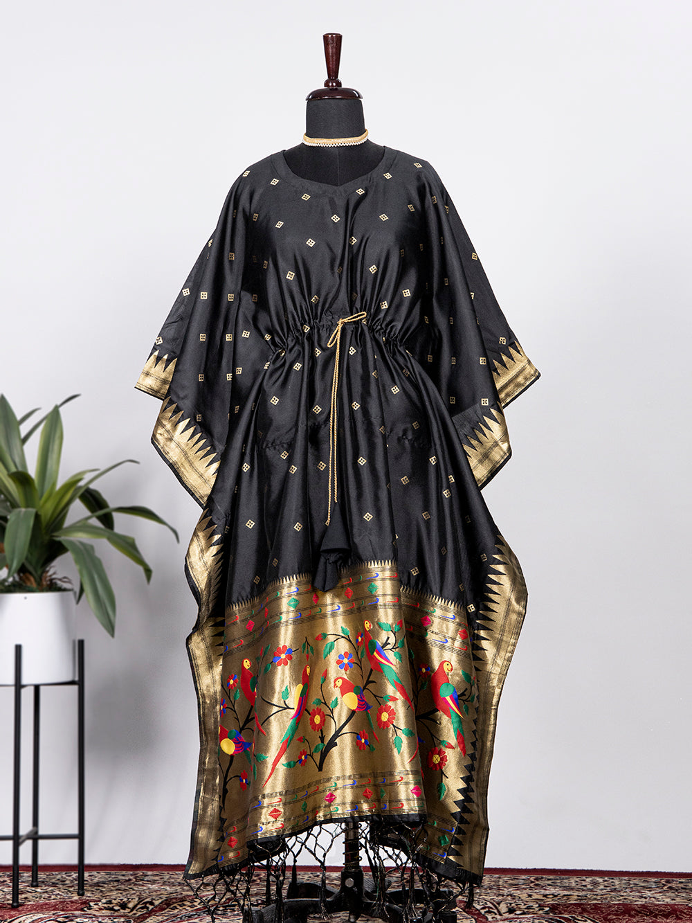 Black Color Weaving Zari Work Jacquard Paithani Kaftan Dress - qivii