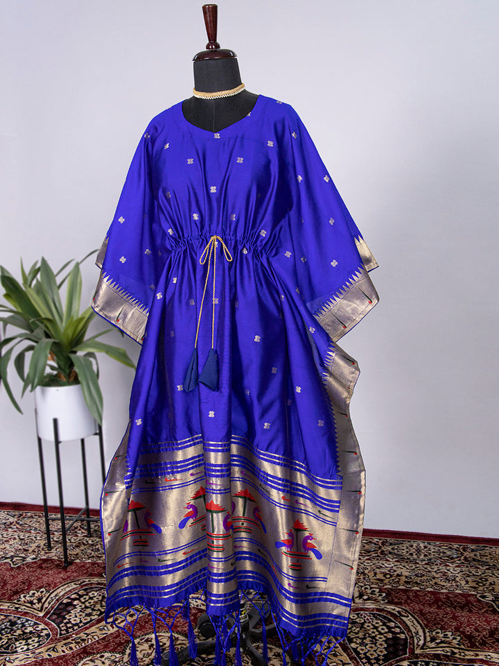 Blue Color Weaving Zari Work Jacquard Paithani Kaftan Dress - qivii