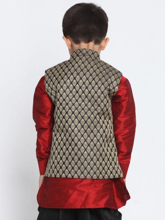 Boys' Black Cotton Silk Blend Nehru Jacket - qivii