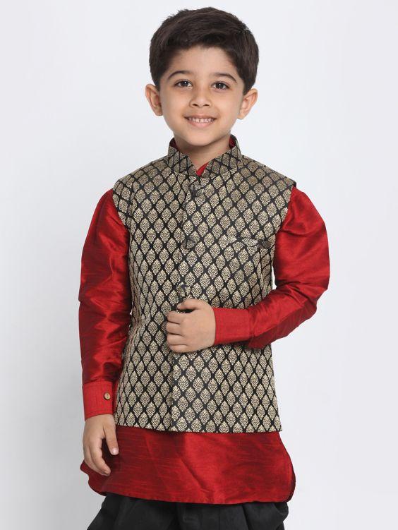 Boys' Black Cotton Silk Blend Nehru Jacket - qivii