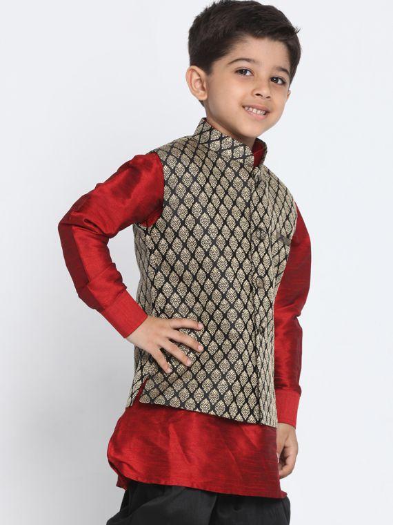 Boys' Black Cotton Silk Blend Nehru Jacket - qivii