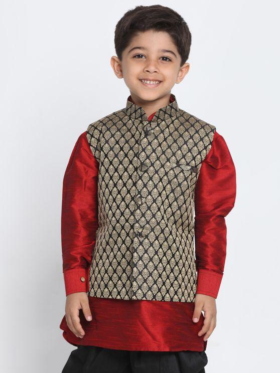 Boys' Black Cotton Silk Blend Nehru Jacket - qivii