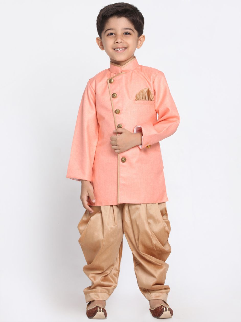 Vastramay Boys Pink Jute Silk Blend Sherwani Set - qivii