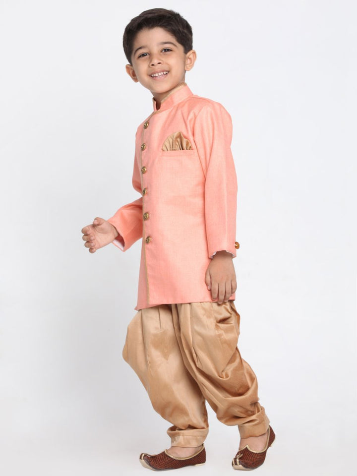 Vastramay Boys Pink Jute Silk Blend Sherwani Set - qivii