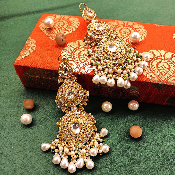 Isha Pista Green Stone Gold Plated Kundan Earrings - Traditional Heavy Kundan Long Earrings