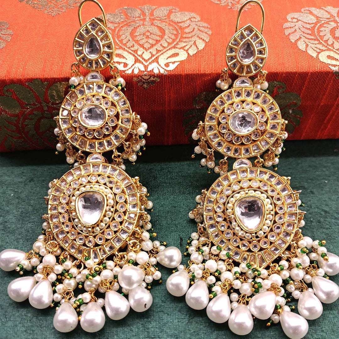 Gold Plated Brass Metal With Kundan And Pearls, Traditional Heavy Kundan Long Earrings