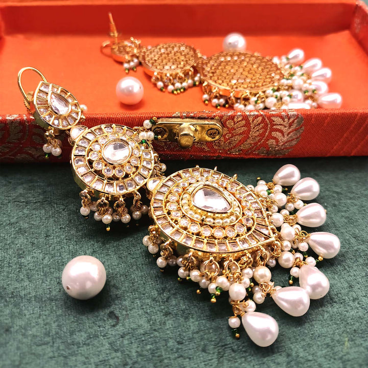 Gold Plated Kundan Earrings with small beads and pearls hanging, traditional heavy kundan long earrings