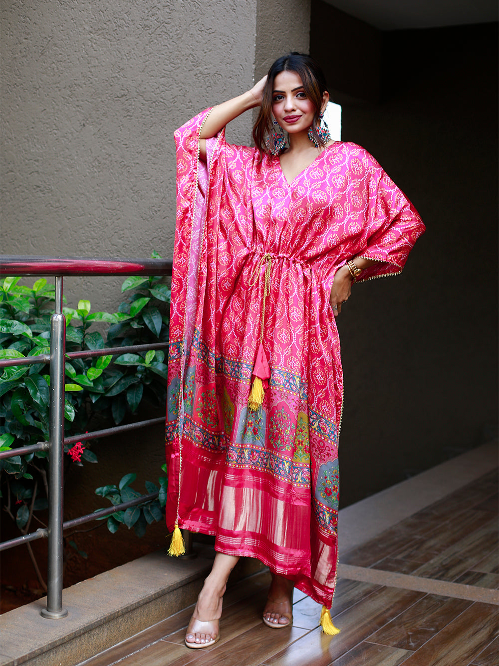 Pink Color Digital Print Pure Gaji Silk Kaftan - qivii