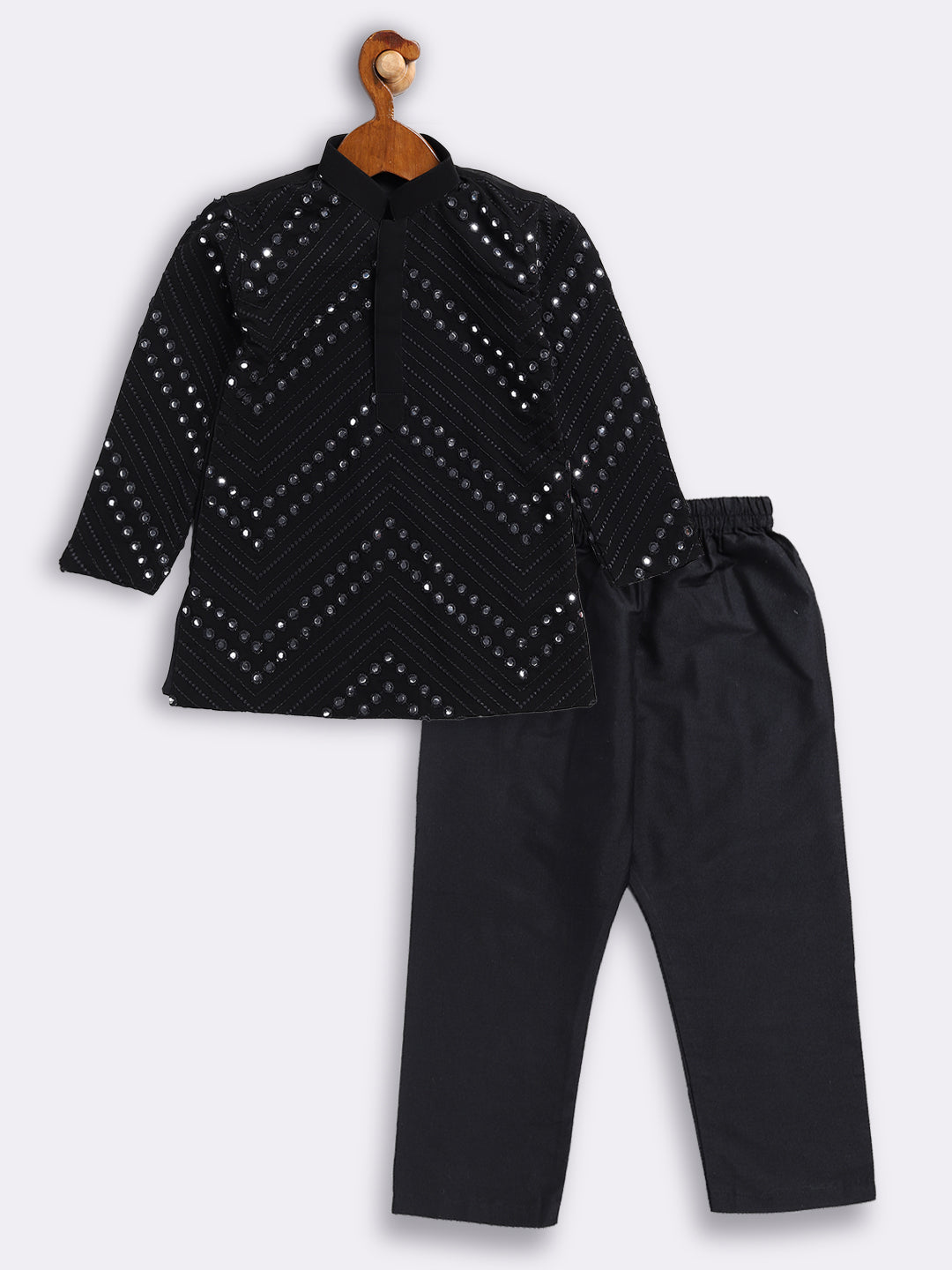 VASTRAMAY SISHU Boys' Black Mirror Work Kurta Pyjama Set - qivii