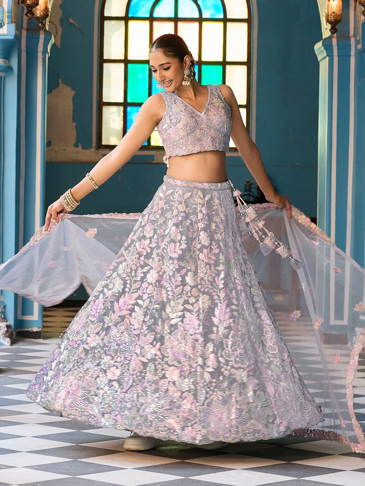 GREY - Net Fabric Sequins embroidery Semi-Stitched Lehenga & Unstitched Blouse With Dupatta
