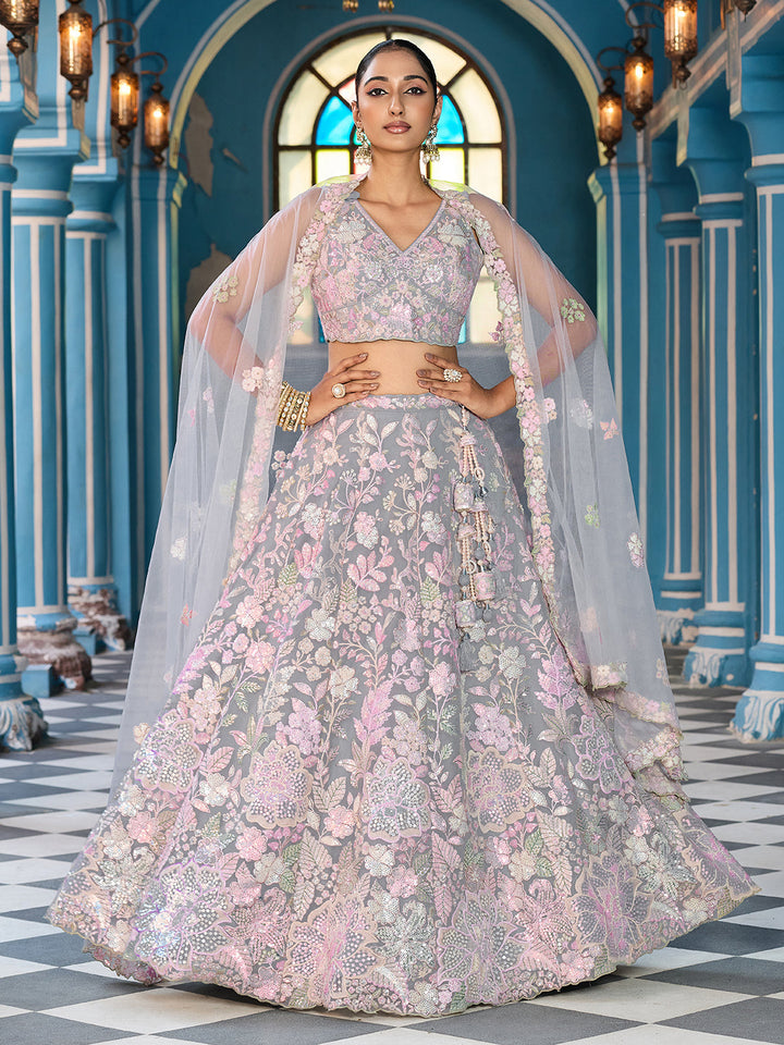GREY - Net Fabric Sequins embroidery Semi-Stitched Lehenga & Unstitched Blouse With Dupatta