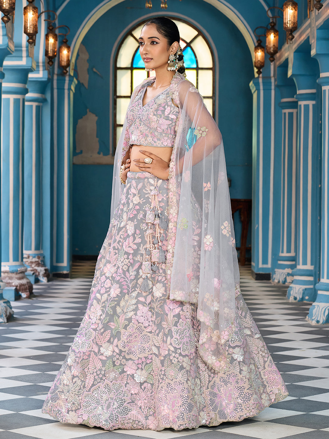 GREY - Net Fabric Sequins embroidery Semi-Stitched Lehenga & Unstitched Blouse With Dupatta