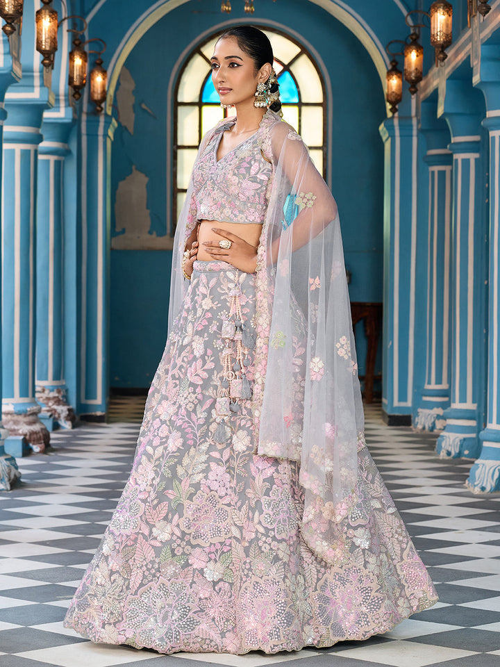 GREY - Net Fabric Sequins embroidery Semi-Stitched Lehenga & Unstitched Blouse With Dupatta