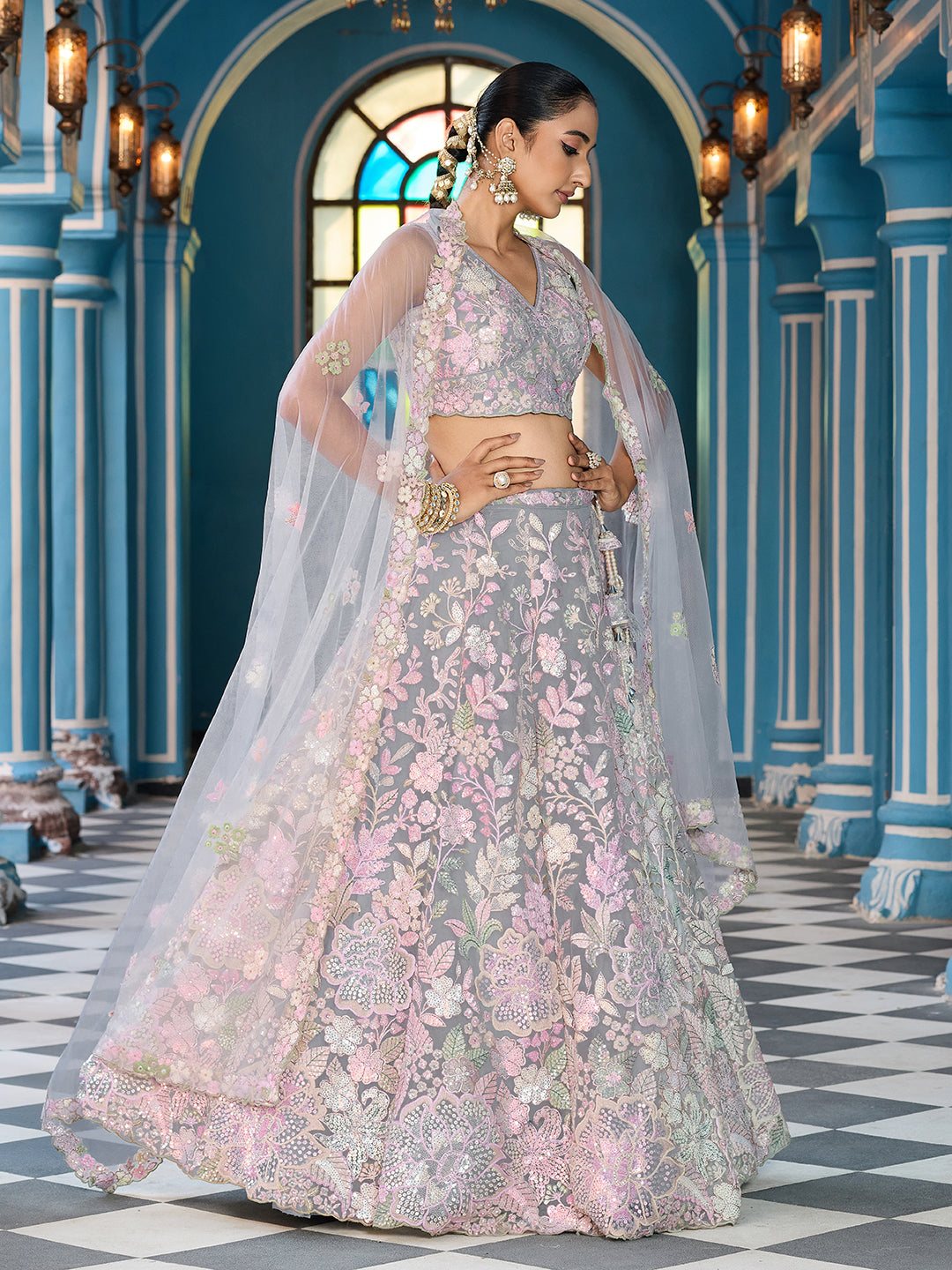 GREY - Net Fabric Sequins embroidery Semi-Stitched Lehenga & Unstitched Blouse With Dupatta