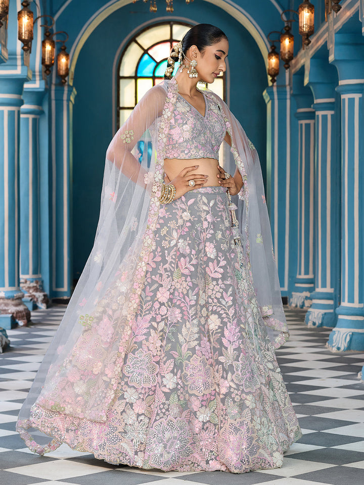 GREY - Net Fabric Sequins embroidery Semi-Stitched Lehenga & Unstitched Blouse With Dupatta