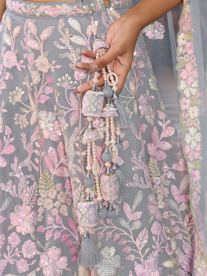 GREY - Net Fabric Sequins embroidery Semi-Stitched Lehenga & Unstitched Blouse With Dupatta