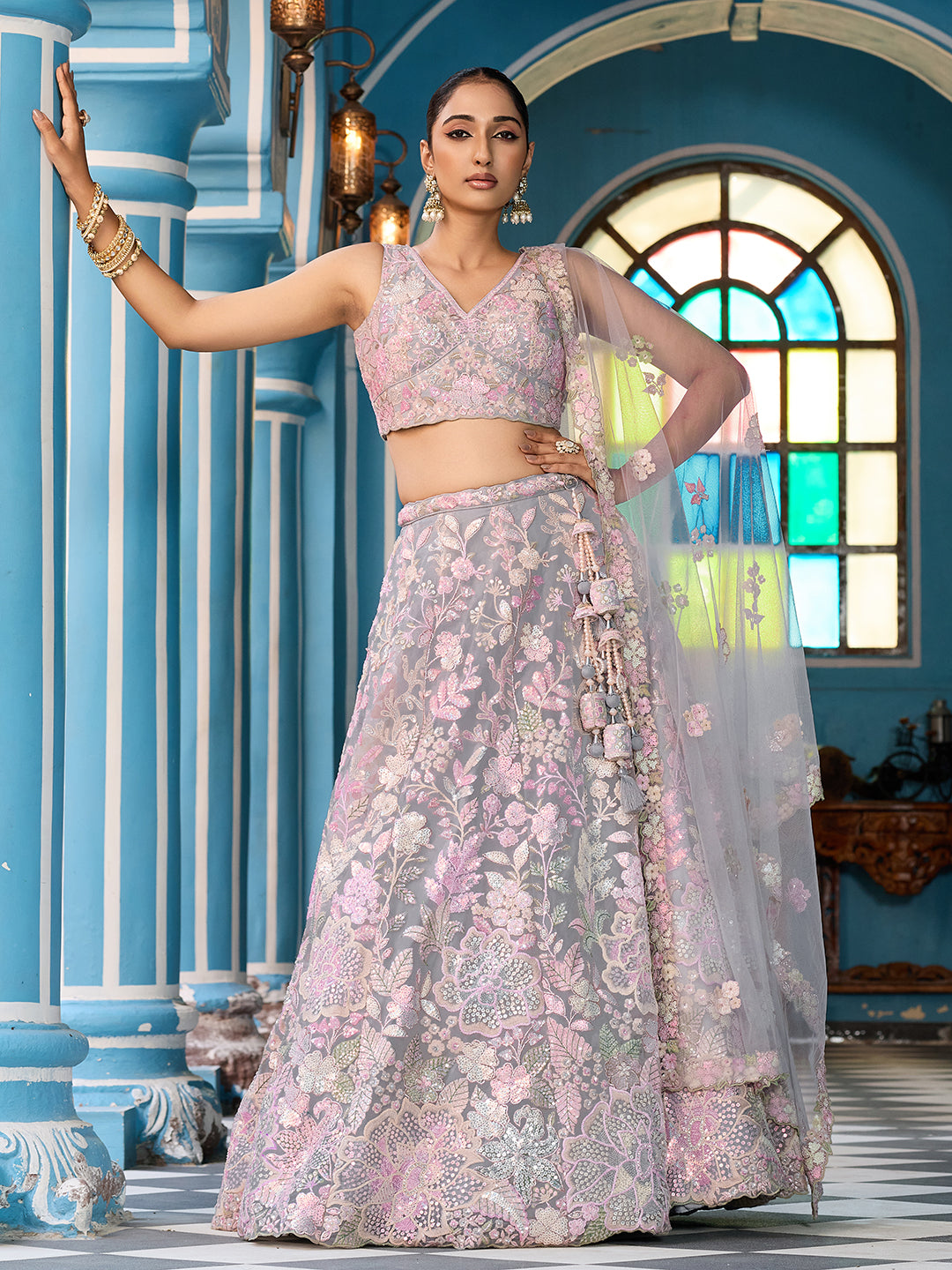 GREY - Net Fabric Sequins embroidery Semi-Stitched Lehenga & Unstitched Blouse With Dupatta