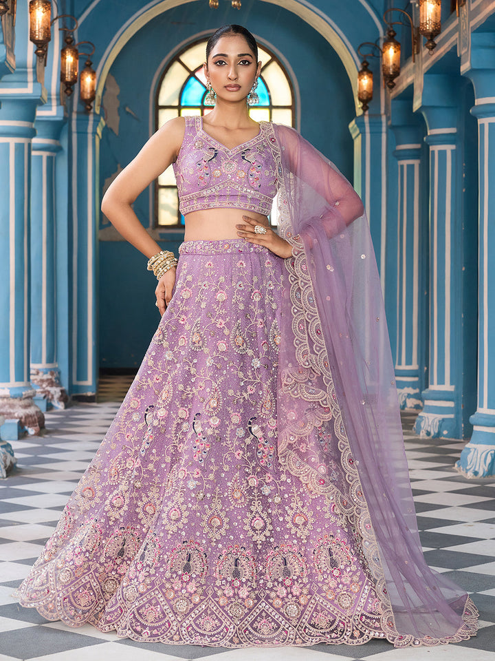 MAUVE - Net Fabric Sequins embroidery Semi-Stitched Lehenga & Unstitched Blouse With Dupatta