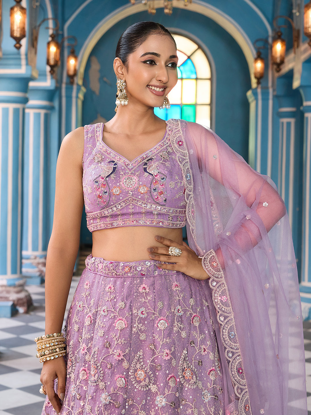 MAUVE - Net Fabric Sequins embroidery Semi-Stitched Lehenga & Unstitched Blouse With Dupatta