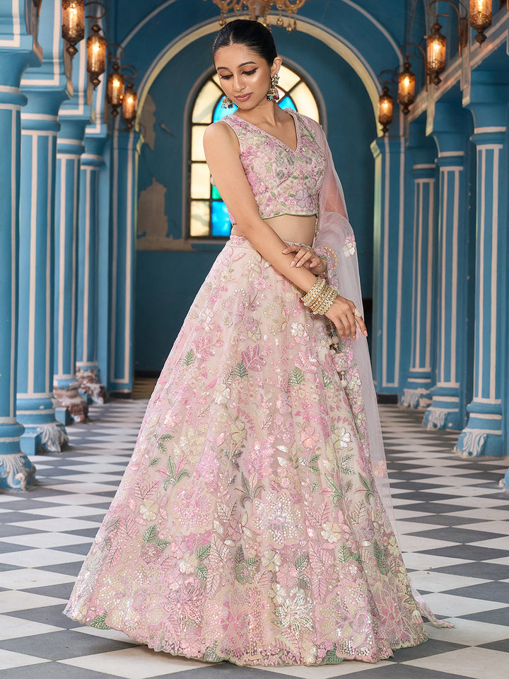 CREAM - Net Fabric Sequins embroidery Semi-Stitched Lehenga & Unstitched Blouse With Dupatta