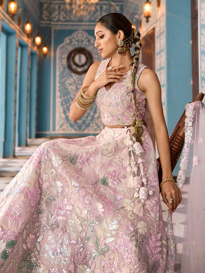CREAM - Net Fabric Sequins embroidery Semi-Stitched Lehenga & Unstitched Blouse With Dupatta