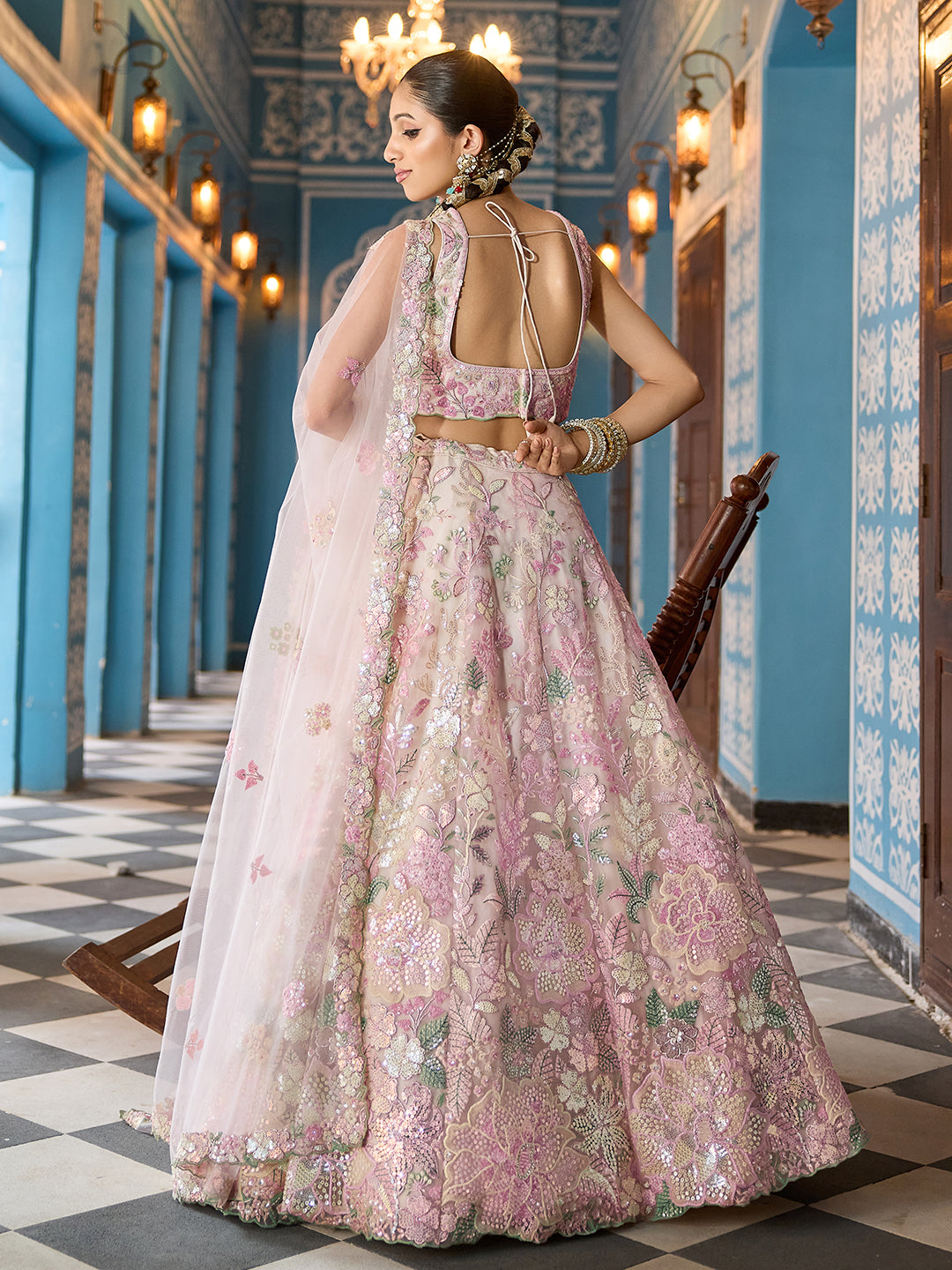 CREAM - Net Fabric Sequins embroidery Semi-Stitched Lehenga & Unstitched Blouse With Dupatta