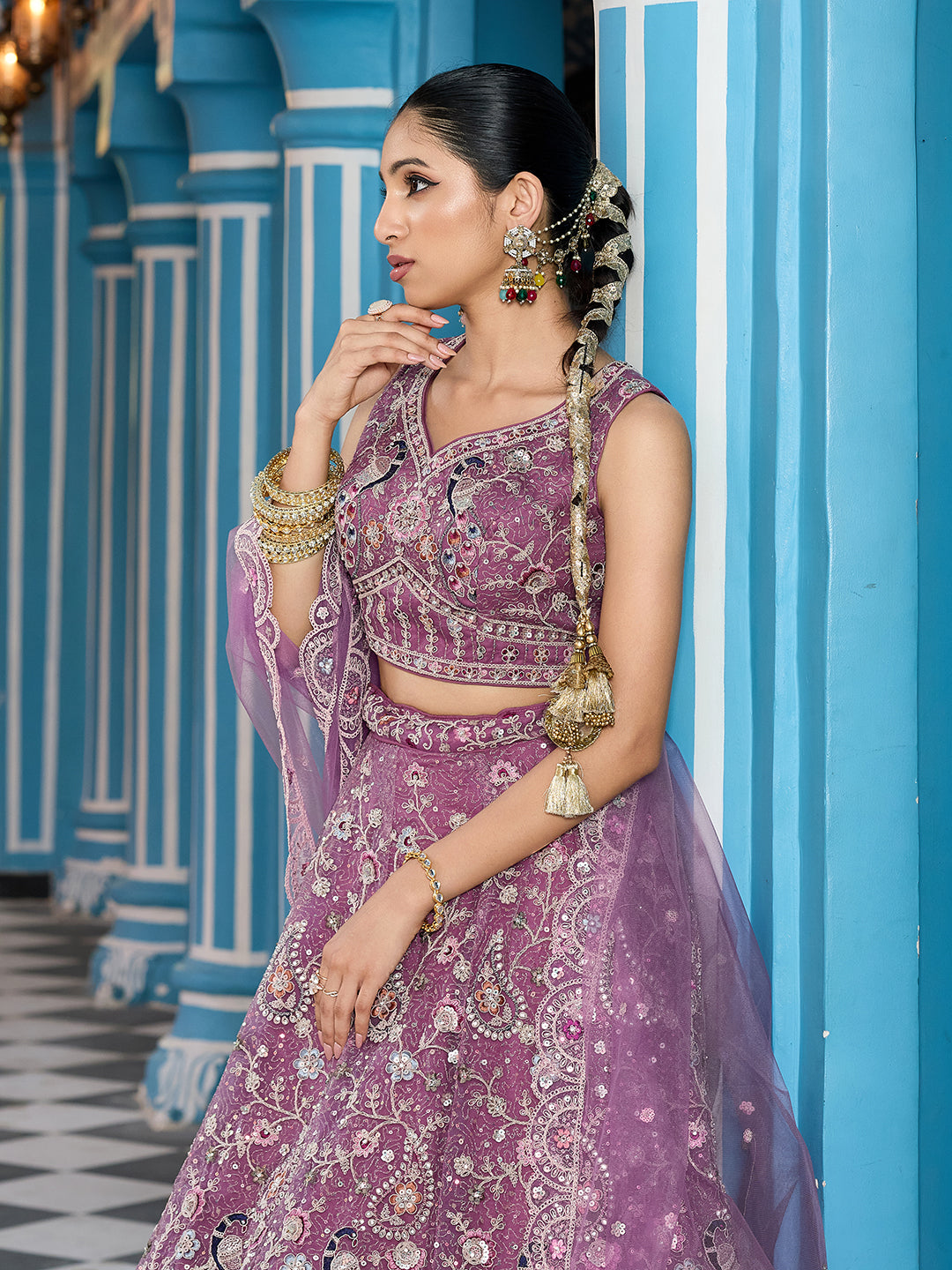LAVENDER - Net Fabric Sequins embroidery Semi-Stitched Lehenga & Unstitched Blouse With Dupatta