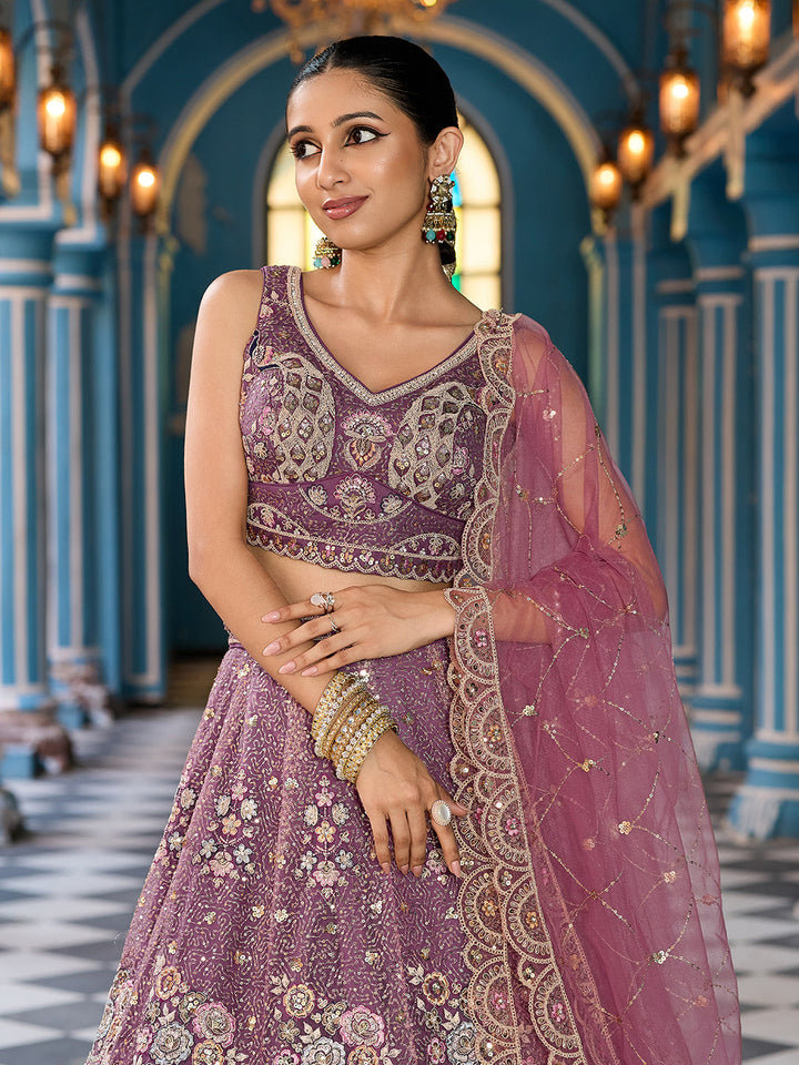 LAVENDER - Net Fabric Sequins embroidery Semi-Stitched Lehenga & Unstitched Blouse With Dupatta
