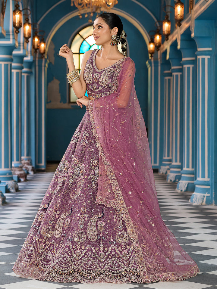 LAVENDER - Net Fabric Sequins embroidery Semi-Stitched Lehenga & Unstitched Blouse With Dupatta