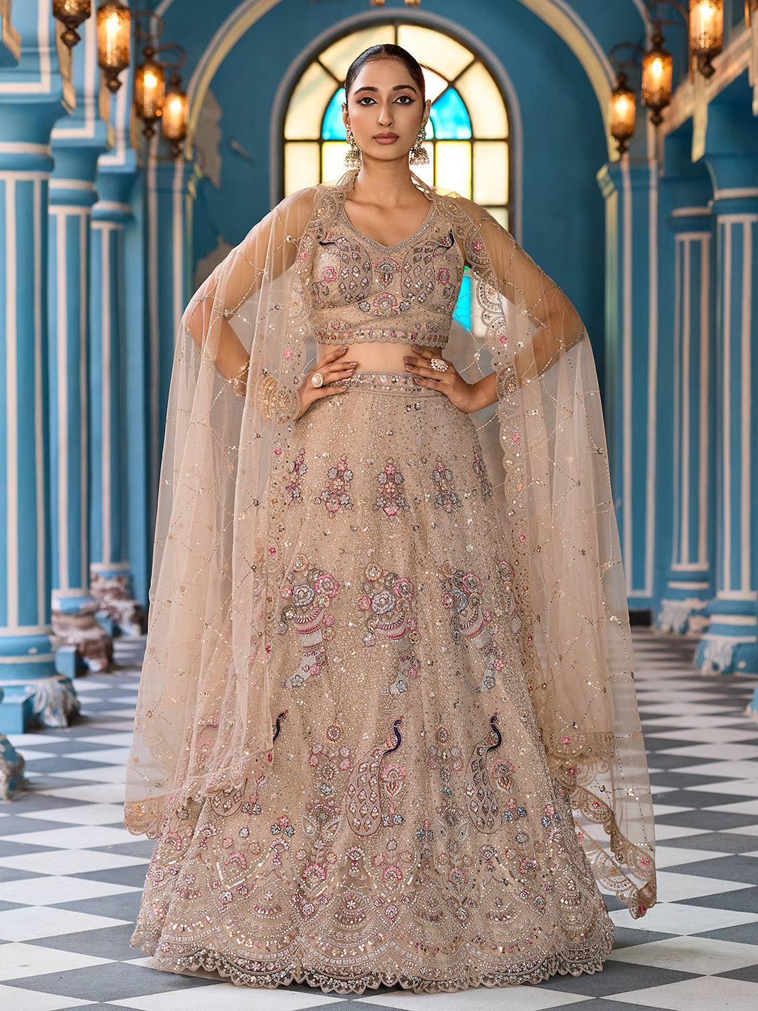 BEIGE - Net Fabric Sequins embroidery Semi-Stitched Lehenga & Unstitched Blouse With Dupatta