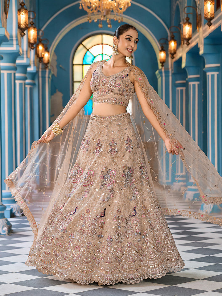 BEIGE - Net Fabric Sequins embroidery Semi-Stitched Lehenga & Unstitched Blouse With Dupatta
